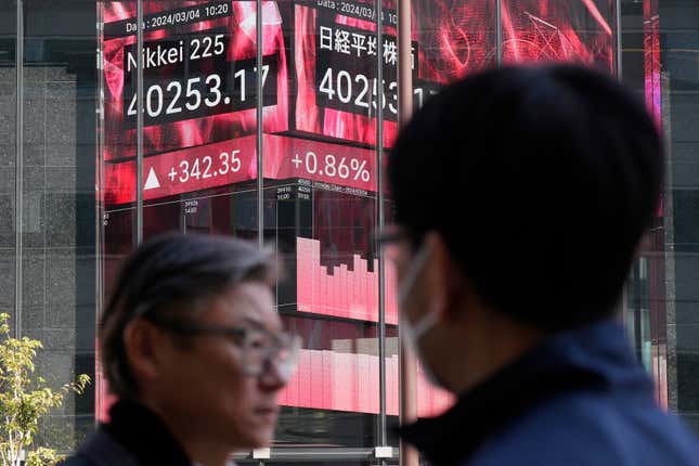 Nikkei hit 225 index on Monday, March 4, 2024, in Tokyo. Japan